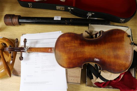 A 19th century violin, with single piece back, stamped Aubert to the bridge, L 365cm (body)